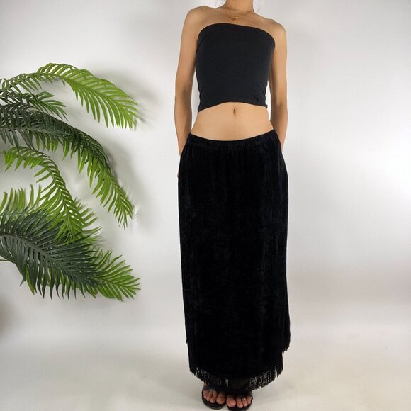 Vintage 90s Black Velvet Whimsygoth Fairy Grunge Low Rise Boho Maxi Skirt / L - Picture 4 of 7